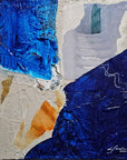 Abstract mixed media canvas painting featuring geometric shapes in beige, blue, orange, and white colors.