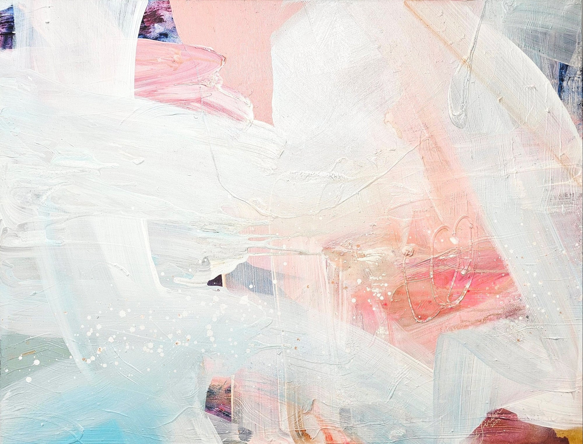 Abstract painting with a blend of light blue, pink, and white colors creating a vibrant texture.