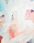Abstract painting with a blend of light blue, pink, and white colors creating a vibrant texture.