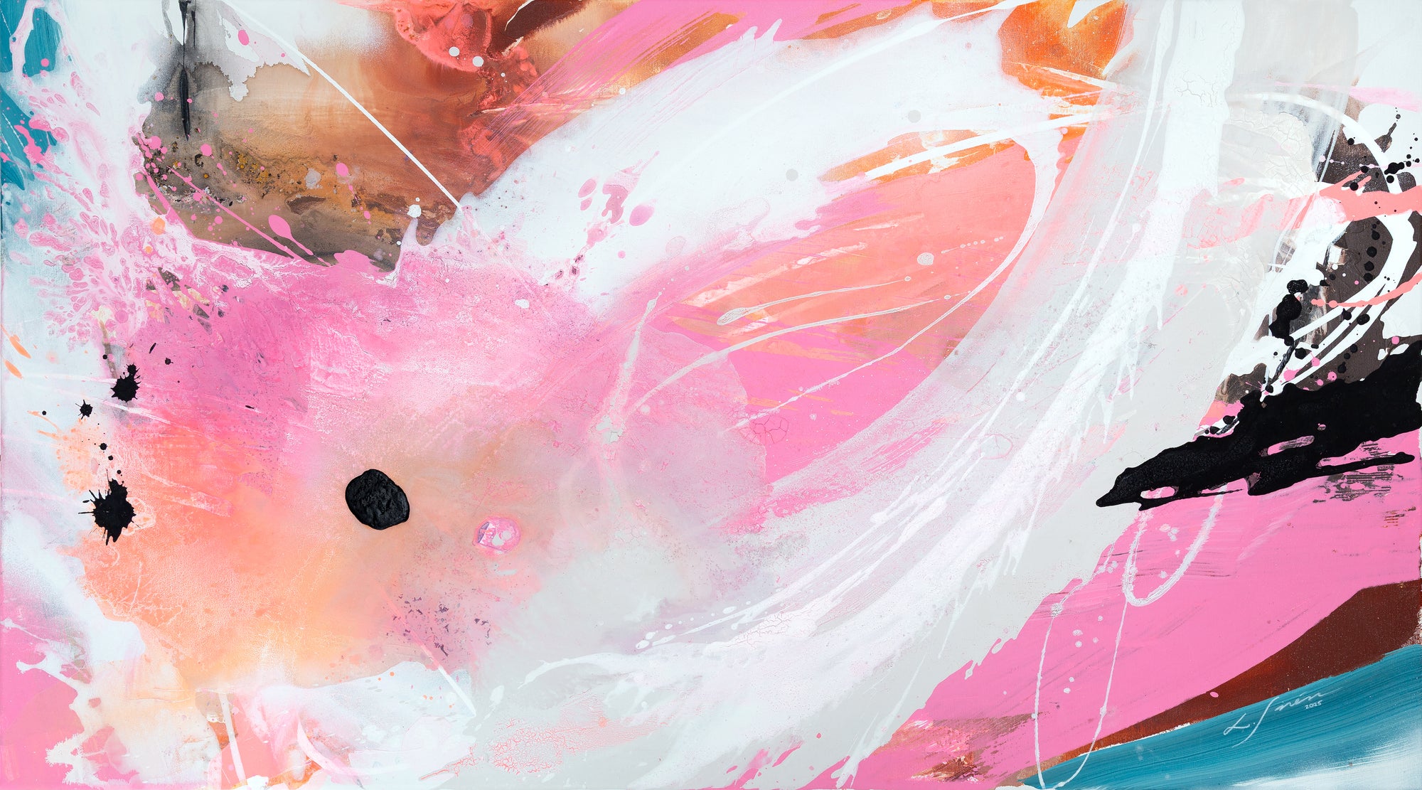 Abstract painting in pink and other colors, featuring a blend of geometric and free-form shapes on a gallery-wrapped canvas.