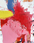 A vibrant abstract painting featuring bold red and pink hues with accents of yellow and other colors, creating a lively visual effect. The artwork is signed and dated on the lower right.