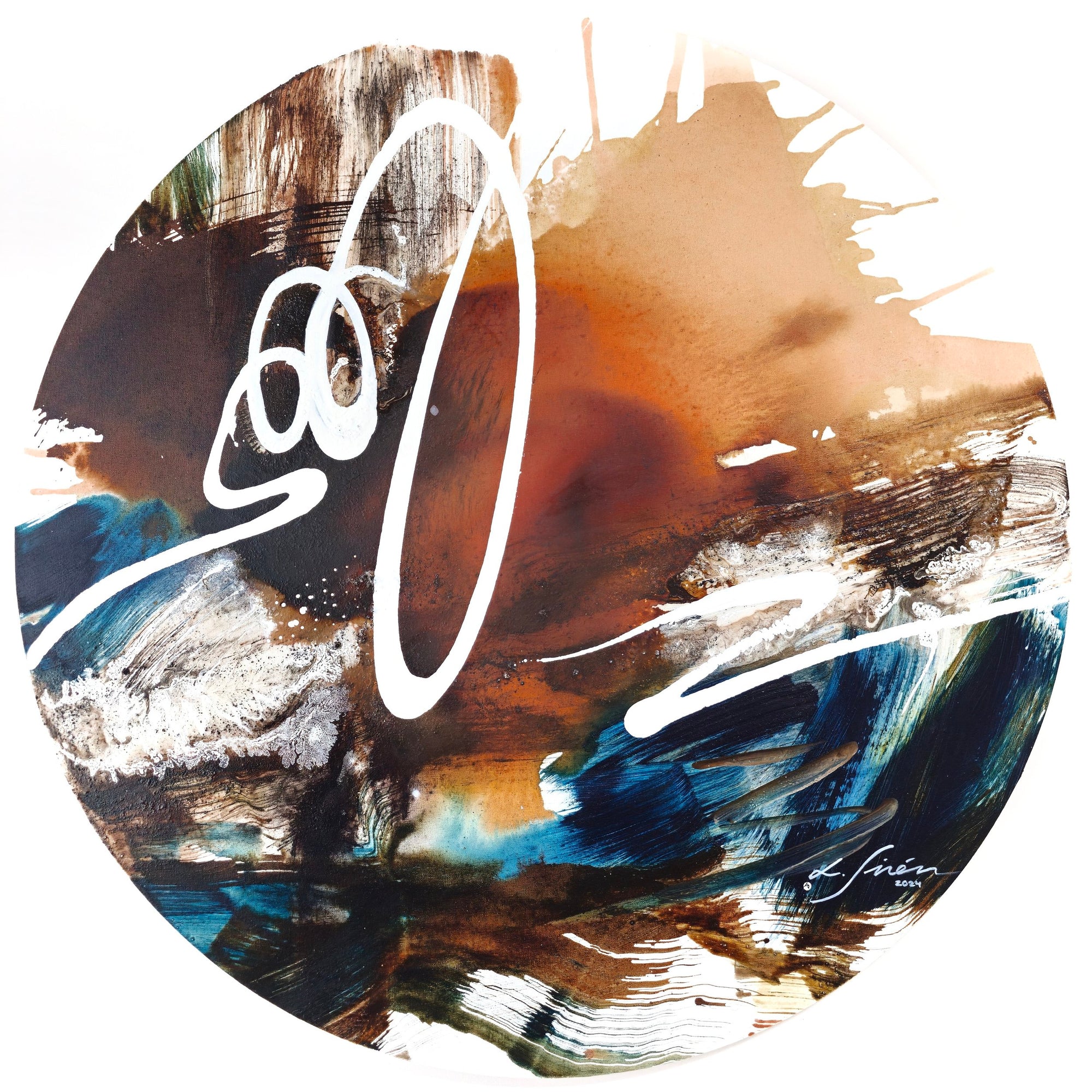 A circular abstract painting with a blend of blue, brown, red, and white hues. Features visible brush strokes and an artistic signature.
