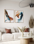 Living room with abstract art on the wall, a white sofa, and decorative elements.