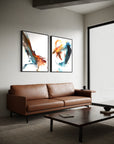 Modern living room with a brown leather sofa and abstract wall art by Lotta Sirén.