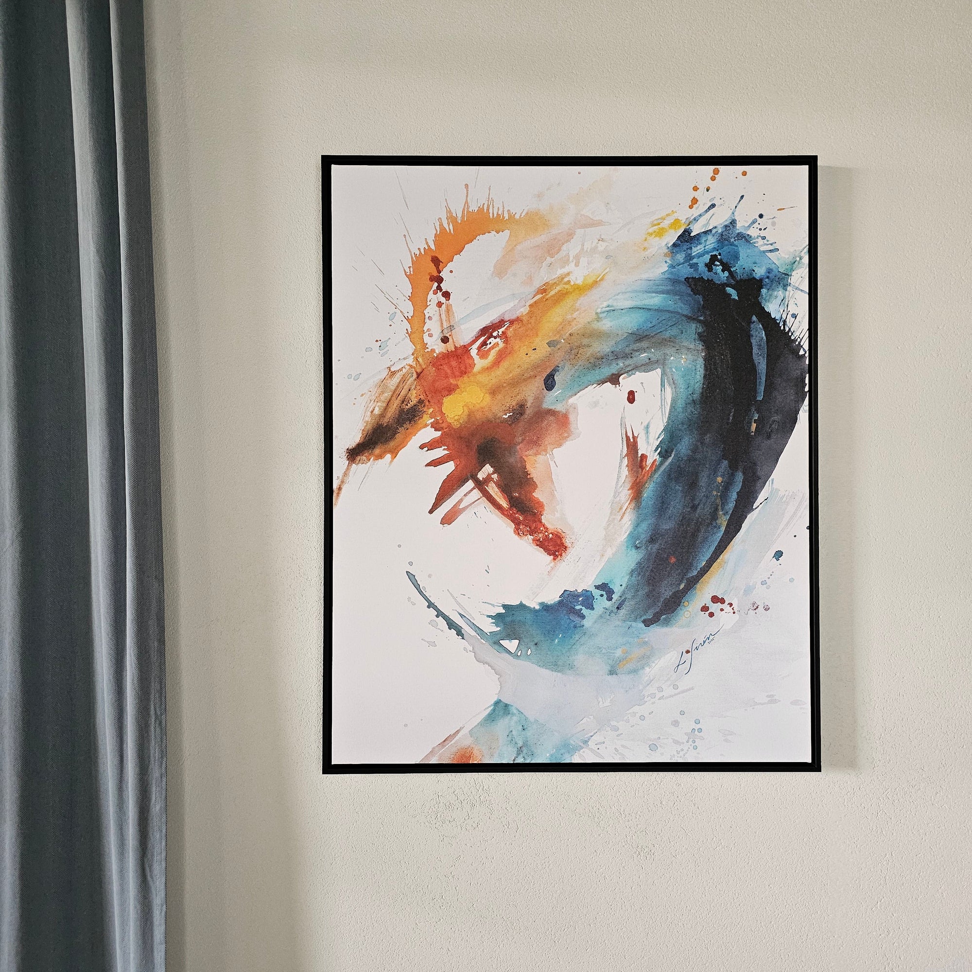 Abstract Dragon painting by Lotta Sirén in a black frame on a white wall