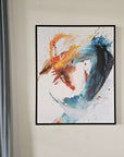 Abstract Dragon painting by Lotta Sirén in a black frame on a white wall