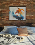 Colorful abstract art print of Dragon by Lotta Sirén on a brick wall next to a bed with pillows and blankets.