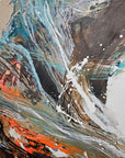 A close-up of "Gone with the Wind" abstract painting with textured surface and tones of orange, blue, beige, brown and white