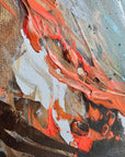 A close-up of "Gone with the Wind" abstract painting with textured surface and tones of orange, blue, beige, brown
