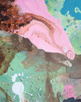 Abstract fluid acrylic painting with swirling pink, mint green, teal blue, brown, white, and black paint textures.