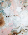 Abstract painting with layered brushstrokes and splatters in white, soft pink, gray, brown, and hints of blue-green.