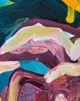Abstract expressionist painting with thick textured brushstrokes in teal, deep purple, cream, magenta, and bright yellow.