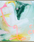 Abstract painting with pink, green, and yellow colors on a light blue background by Finnish abstract artist Lotta Sirén