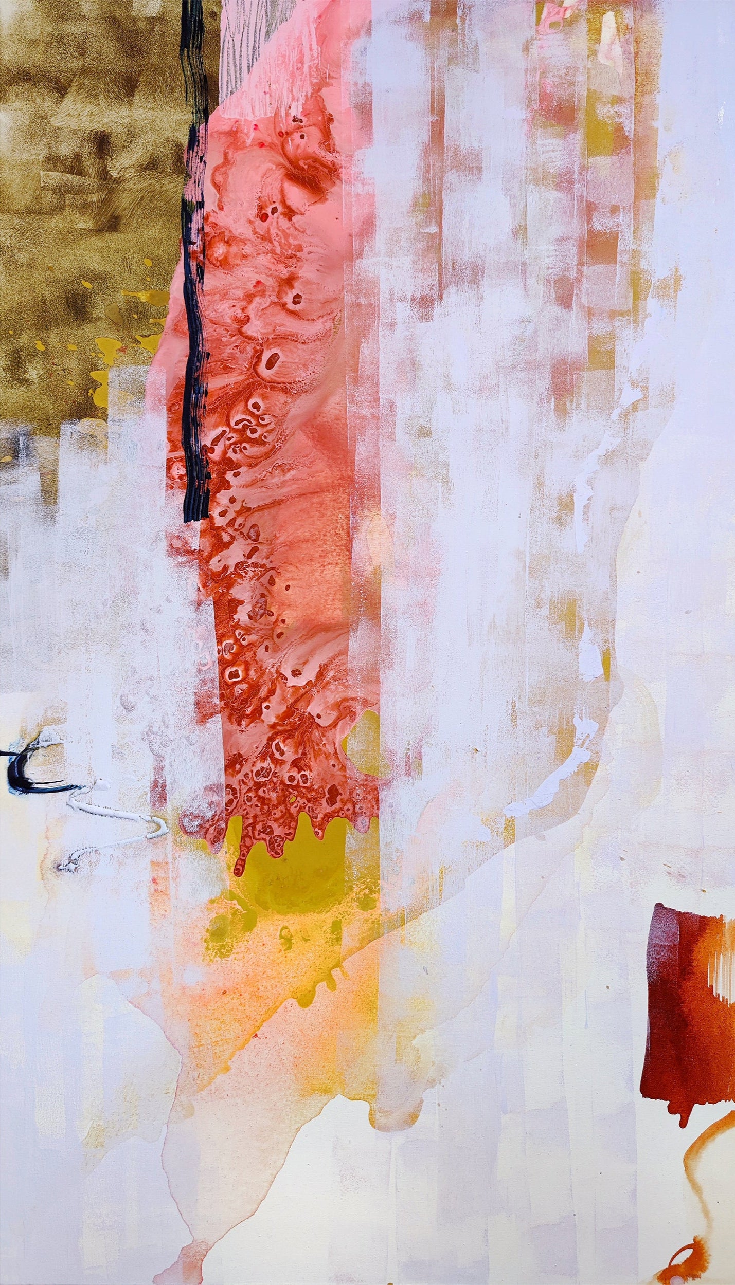 A modern abstract expressionist painting featuring blocks of color including pink, yellow, and olive green with a gold accent, creating a visual texture on a white background.