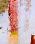 A modern abstract expressionist painting featuring blocks of color including pink, yellow, and olive green with a gold accent, creating a visual texture on a white background.