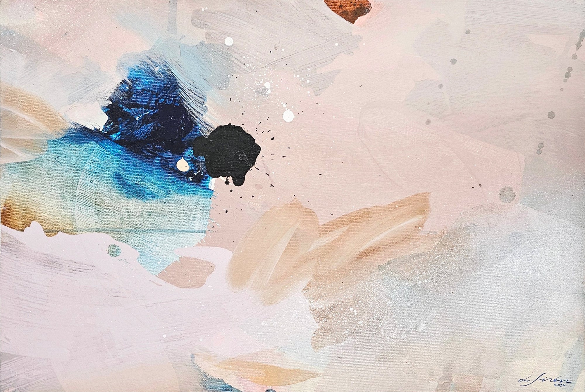 An abstract painting featuring a blend of light pastel colors with rich and intense blue and black hues, sprinkled with silver spray to represent stardust.