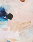 An abstract painting featuring a blend of light pastel colors with rich and intense blue and black hues, sprinkled with silver spray to represent stardust.