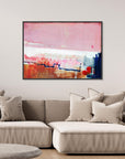 Detours Approved - Limited Edition Canvas Print with black frames. Pink, white and burnt sienna tones and a hint of red & blue. Structured and vibrant piece on a wall above a couch.
