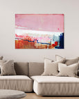 Detours Approved - Limited Edition Canvas Print. Pink, white and burnt sienna tones and a hint of red & blue. Structured and vibrant piece on a wall above a couch.