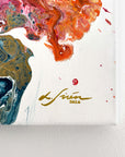 Abstract art painting with colorful marbled design and Lotta Sirén signature on a white background