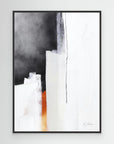 Fire and Ice - Limited Edition Canvas Print with black frames. Black, grey and white & off-white tones and a pop of fiery orange. Minimalist structured abstract canvas print.