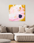 Free - Limited Edition Canvas Print bold strokes, ocher, white and pink tones and an accent of blue. Abstract canvas print above a couch.