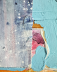 Close-up of a textured surface with abstract art, featuring a palette knife and colorful brush strokes.