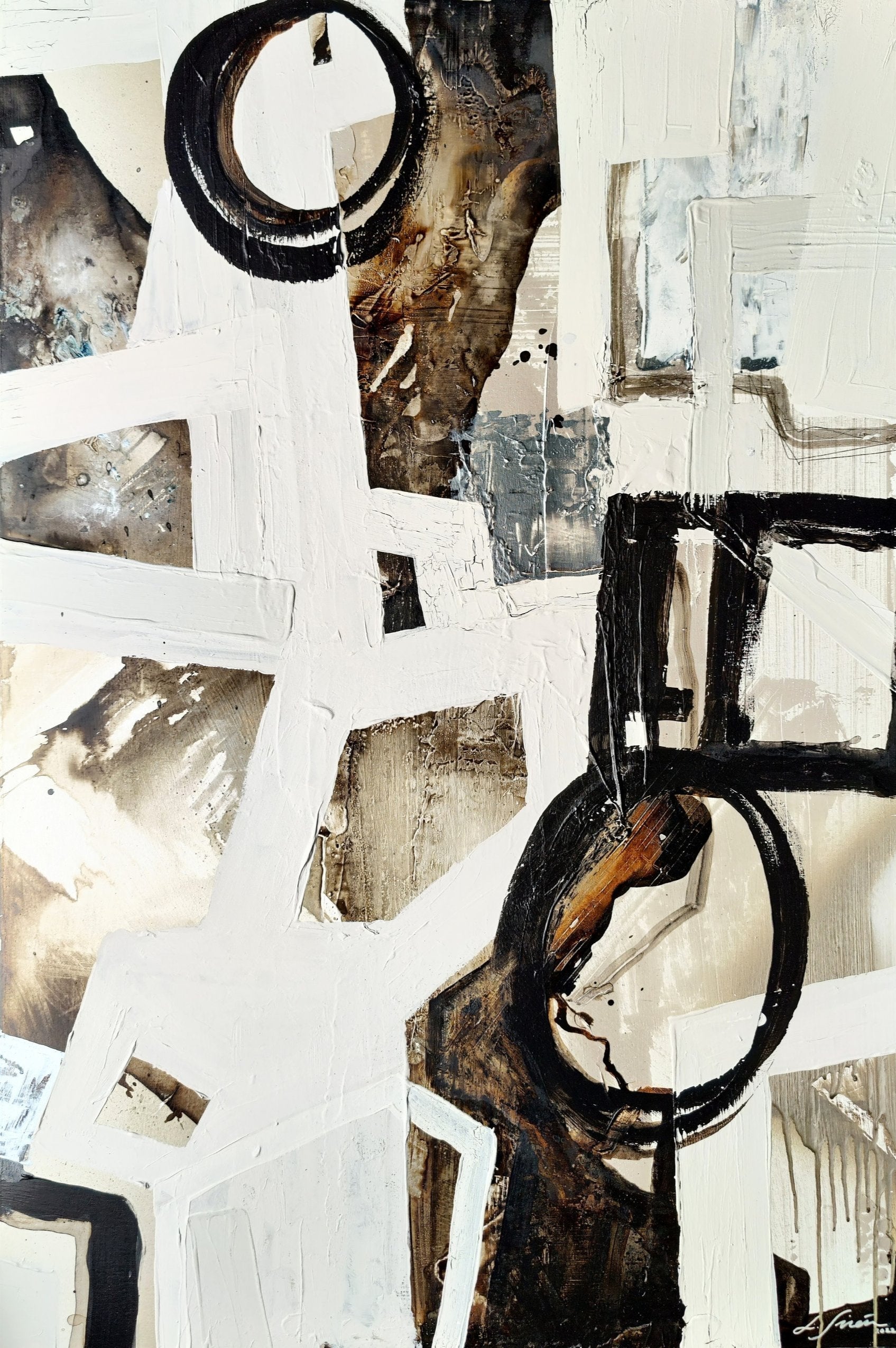 Abstract acrylic painting with geometric shapes primarily in black, white, brown, and gray tones on a plywood board.