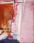 Abstract art with a mix of red, pink, blue, and white colors. By abstract artist Lotta Sirén.