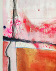 Abstract art with pink, red, and orange colors on a white background