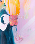 Abstract art close-up with colorful brush strokes on a textured surface by Finnish artist Lotta Sirén