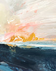 Abstract art with pink, yellow, and blue colors on a textured surface by Finnish abstract artist Lotta Sirén