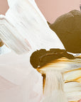 Abstract art with white, brown, and gold brush strokes on a textured background