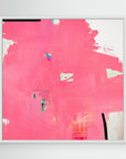 I Don't Like Pink - Limited Edition Canvas Print with white frames. An Abstract canvas print with bright pink bold strokes and hues of orange, blue and green. Off-white background with black details. .