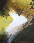 Green abstract painting by Finnish artist Lotta Sirén, with bold strokes of yellow, brown, and white.