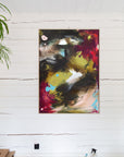 Abstract painting in Lotta Sirén Art studio on a white wall with a plant to the left