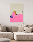 NO MATTER - Limited Edition Canvas Print with beige, bright pink and blue, black and ocher details. Structured minimal abstract canvas print with on a wall above a couch.