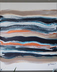 Abstract painting with horizontal stripes in brown, blue, and orange on a white background.