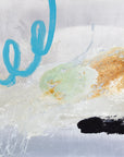 Abstract acrylic painting on canvas with a blend of black, gold, gray, light blue, and white colors creating a dynamic and textured composition.