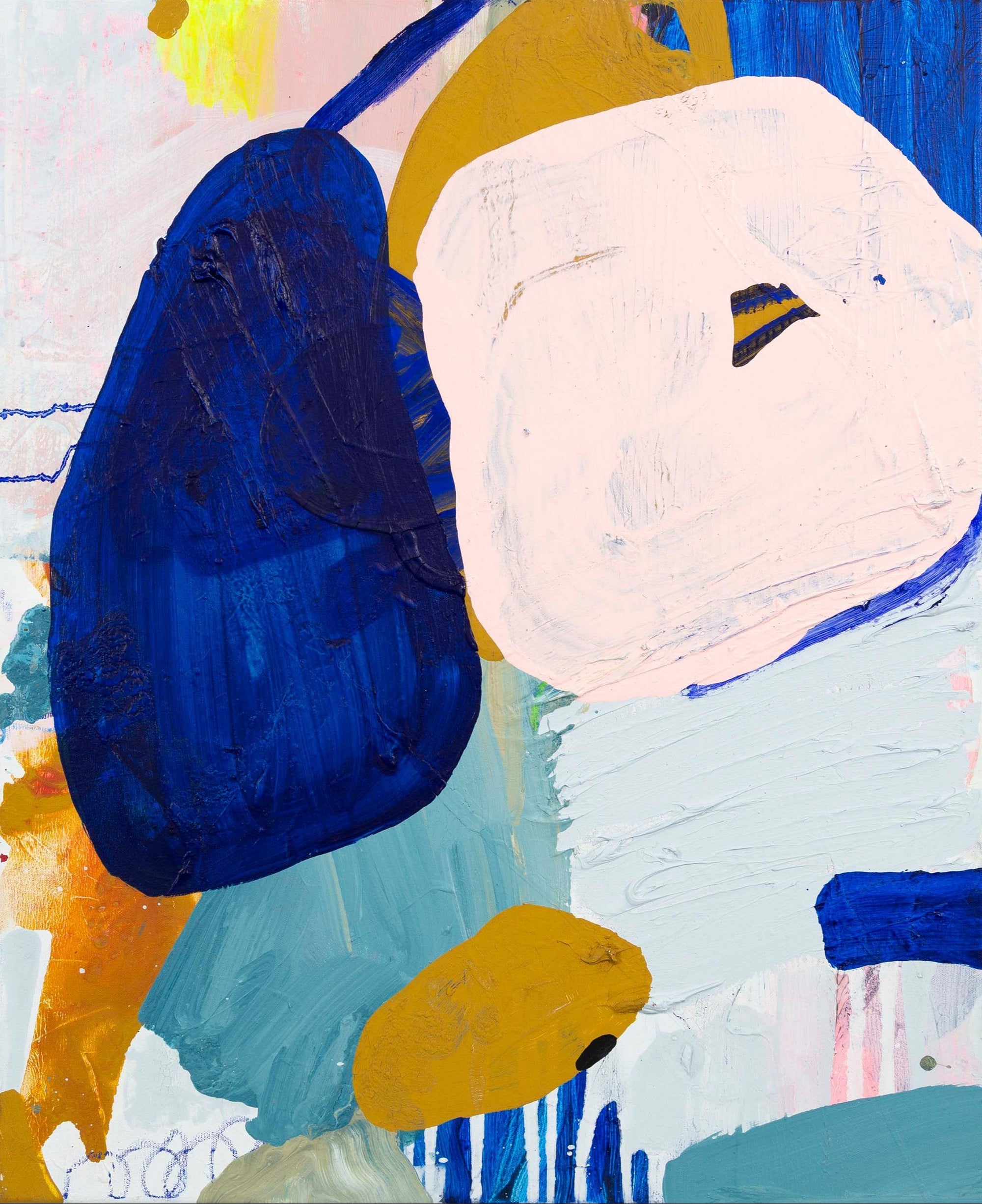 A semi-abstract painting featuring abstract shapes in blue, pink, white, and yellow hues, with texture created by acrylic and oil pastel on canvas.
