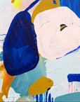 A semi-abstract painting featuring abstract shapes in blue, pink, white, and yellow hues, with texture created by acrylic and oil pastel on canvas.