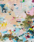 Abstract painting with layered brushstrokes and splatters in pastel pink, blue, beige, green, brown, yellow, and white.