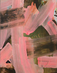Abstract acrylic painting with prominent pink brush strokes on a gallery-wrapped canvas