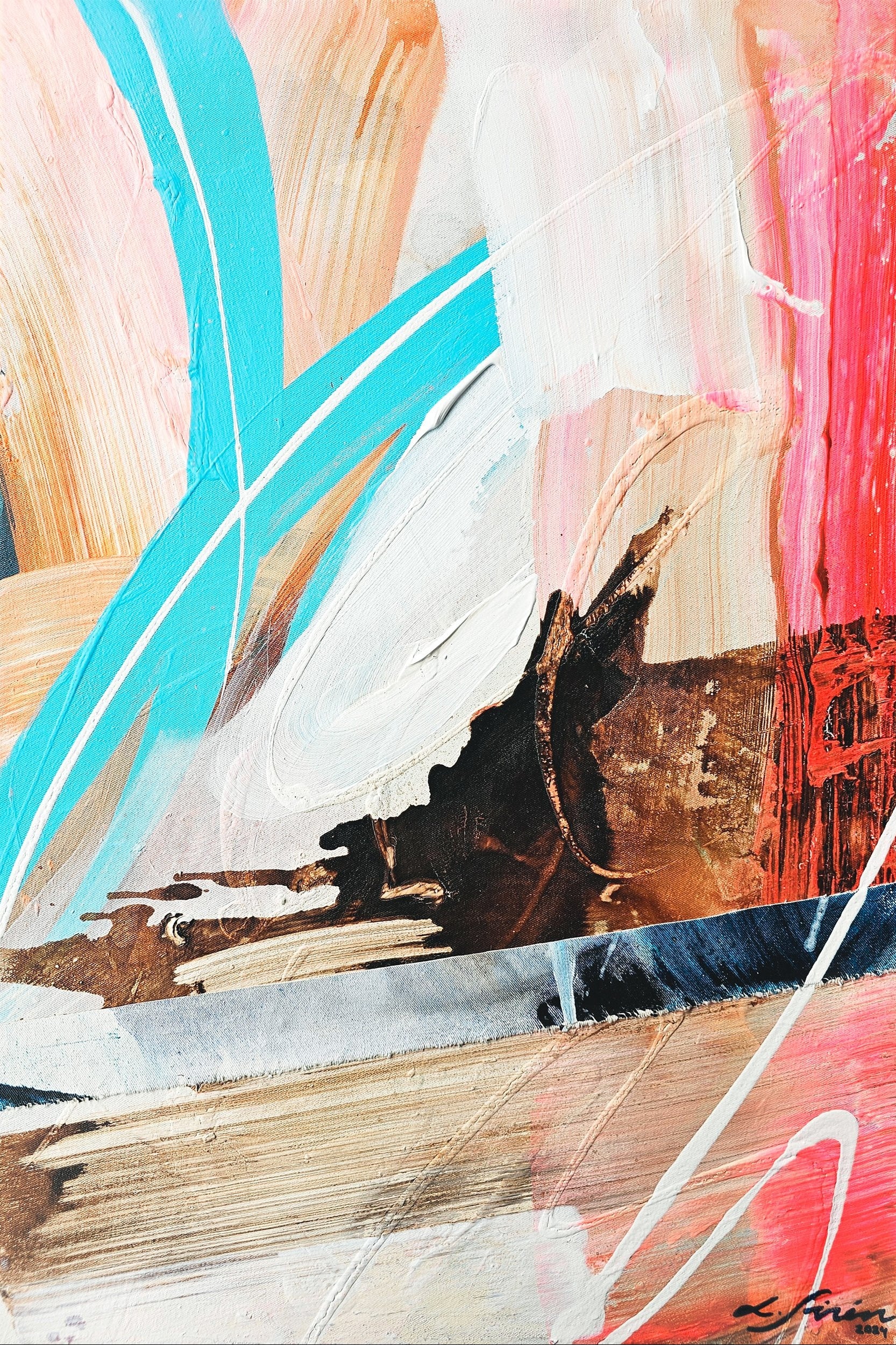 Abstract painting featuring a mix of bright and earthy tones with visible brushstrokes, creating a textured appearance.