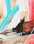 Abstract painting featuring a mix of bright and earthy tones with visible brushstrokes, creating a textured appearance.