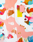 Abstract artwork with colorful splashes and shapes on a white background