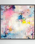 UFO (& other flying vehicles) - Canvas Print. A semi-abstract canvas print with black frame. Light and airy piece with off-white, pastel tones and blue, pink and yellow hues.