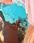 Close-up on Lotta Sirén astract art with a mix of pink, blue, and brown colors.