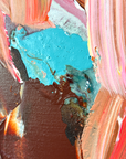 Close-up on Lotta Sirén astract art with a mix of pink, blue, and brown colors.