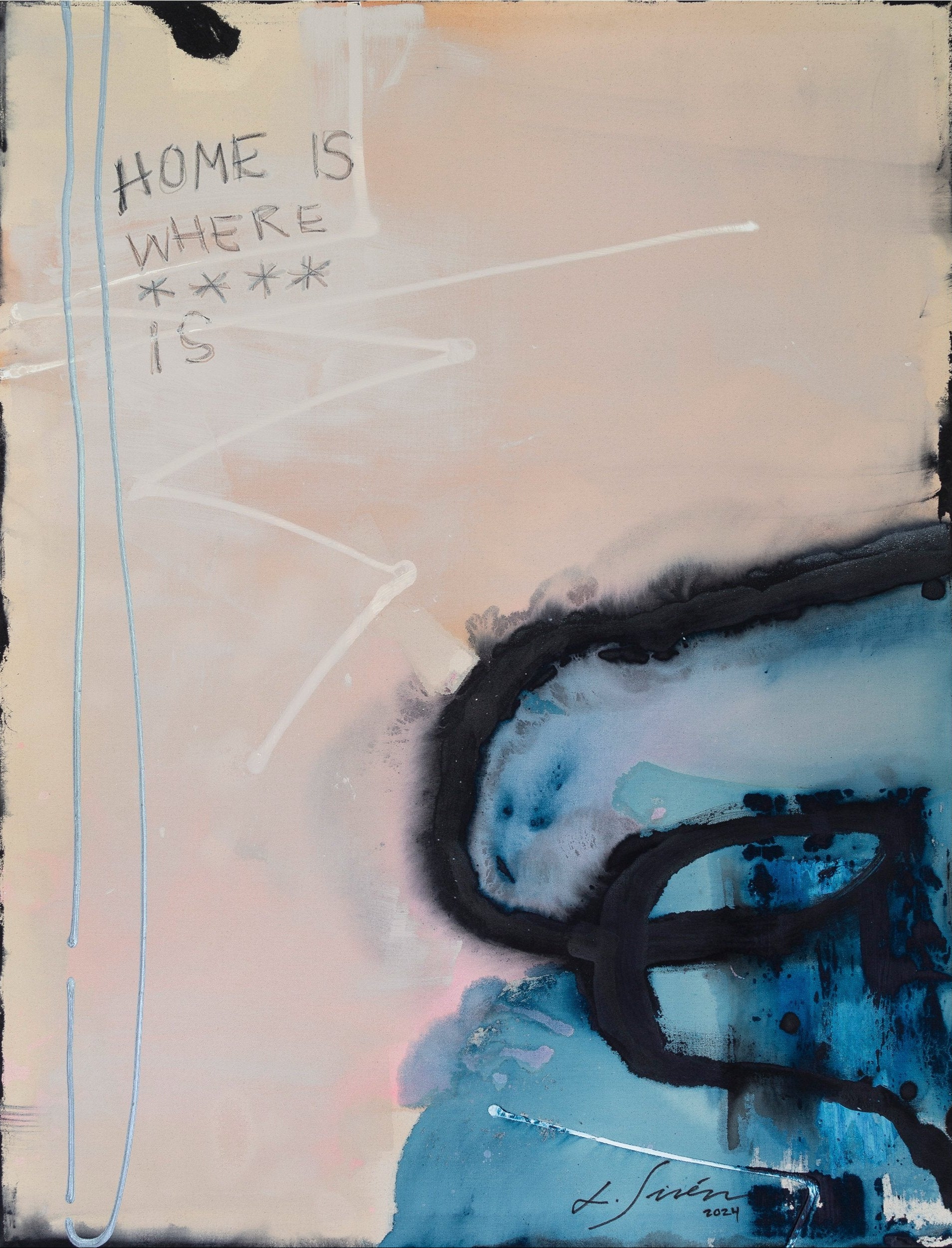 Abstract painting with text 'HOME IS WHERE *** IS' in a minimalistic style, predominantly in blue tones with white and black accents.